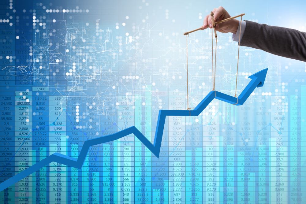 A person holding up an upward trending arrow like a marionette